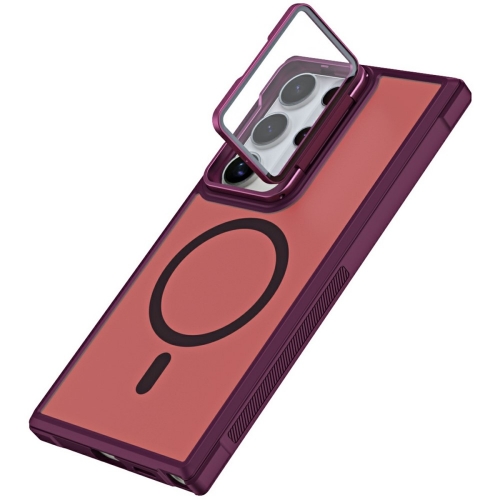 Удароустойчив калъф MagSF Lens Cover Kickstand за Galaxy S25 Ultra, Червен