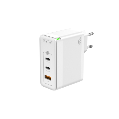 Зарядно JELLICO C118, 220V, GaN, 100W, PD, 2xUSB-C, USB с кабел USB-C към USB-C, Бял