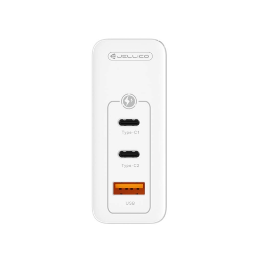 Зарядно JELLICO C118, 220V, GaN, 100W, PD, 2xUSB-C, USB с кабел USB-C към USB-C, Бял