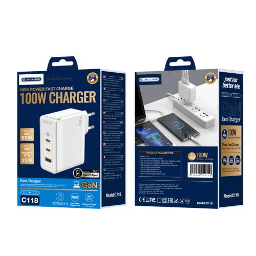 Зарядно JELLICO C118, 220V, GaN, 100W, PD, 2xUSB-C, USB с кабел USB-C към USB-C, Бял