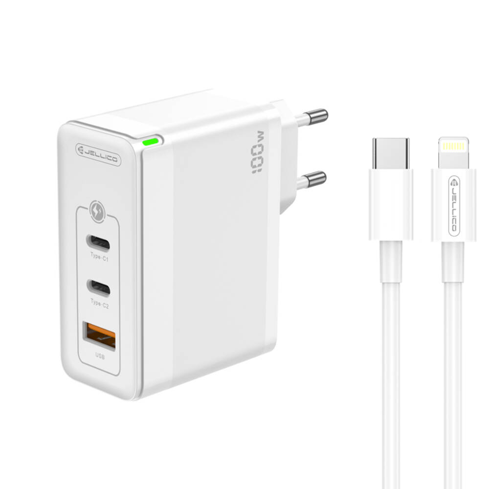 Зарядно JELLICO C118, 220V, GaN, 100W, PD, 2xUSB-C, USB с кабел USB-C към Lighthinig, Бял