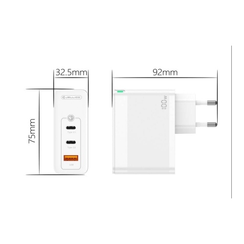 Зарядно JELLICO C118, 220V, GaN, 100W, PD, 2xUSB-C, USB с кабел USB-C към Lighthinig, Бял