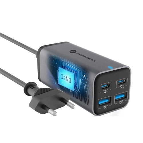 Зарядно FORCELL F-ENERGY VT-49, 100W, GaN III, 2 x USB-C, 2 x USB-A, PD, QC4.0, SFC2.0, 5A, Сив