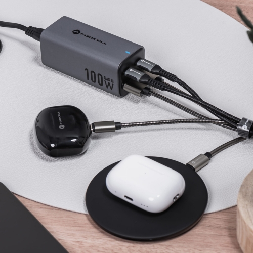 Зарядно FORCELL F-ENERGY VT-49, 100W, GaN III, 2 x USB-C, 2 x USB-A, PD, QC4.0, SFC2.0, 5A, Сив