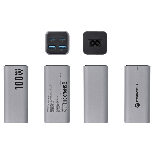 Зарядно FORCELL F-ENERGY VT-49, 100W, GaN III, 2 x USB-C, 2 x USB-A, PD, QC4.0, SFC2.0, 5A, Сив