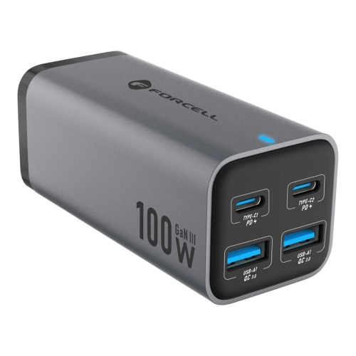Зарядно FORCELL F-ENERGY VT-49, 100W, GaN III, 2 x USB-C, 2 x USB-A, PD, QC4.0, SFC2.0, 5A, Сив