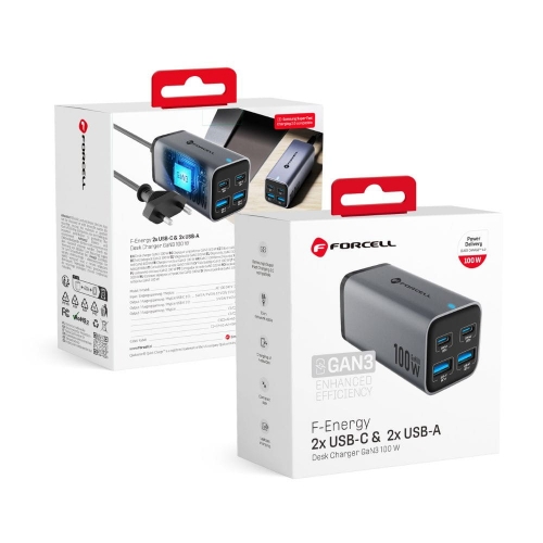 Зарядно FORCELL F-ENERGY VT-49, 100W, GaN III, 2 x USB-C, 2 x USB-A, PD, QC4.0, SFC2.0, 5A, Сив