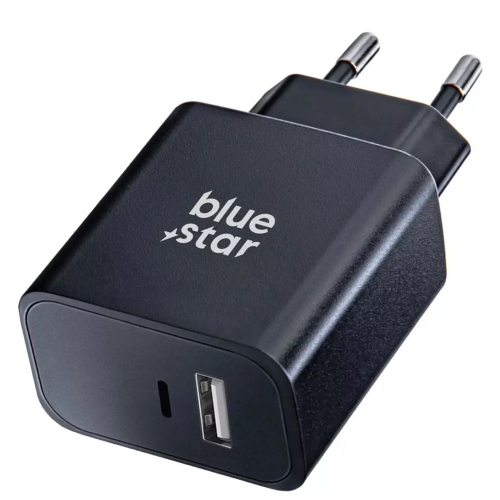 Зарядно 220V Blue Star, USB C и USB A, 3A ,25W, PD и QC 4.0 function, Черен