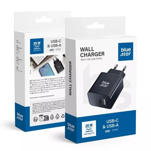 Зарядно 220V Blue Star, USB C и USB A, 3A ,25W, PD и QC 4.0 function, Черен