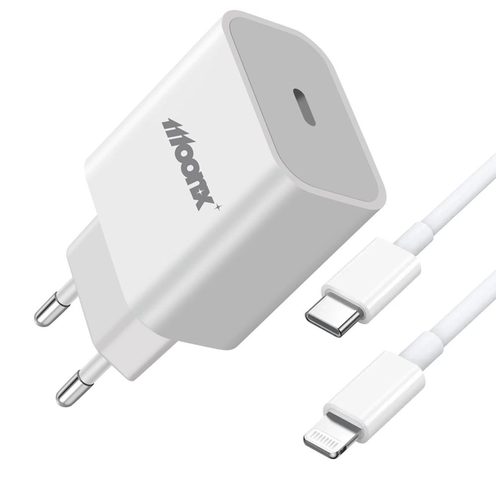 Зарядно 220V MOONX MC03, PD, 20W, 1xUSB-C, с кабел USB-C към Lightning, Бял