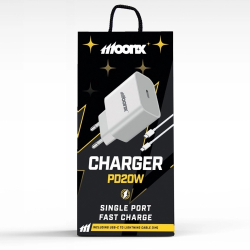 Зарядно 220V MOONX MC03, PD, 20W, 1xUSB-C, с кабел USB-C към Lightning, Бял