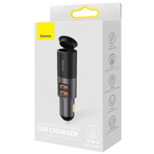 Зарядно за кола Baseus Cigarette Lighter Expansion Car Charger 2xUSB-A 120W, Тъмно сив