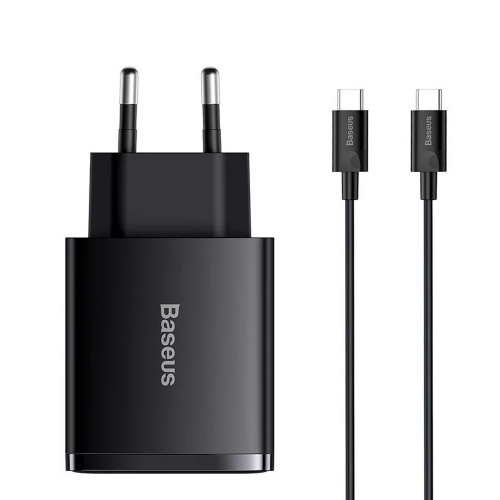 Зарядно BASEUS Super Si, 220V, 25W, 1C, с кабел от USB-C към USB-C, TZCCSUP-L01, Черен