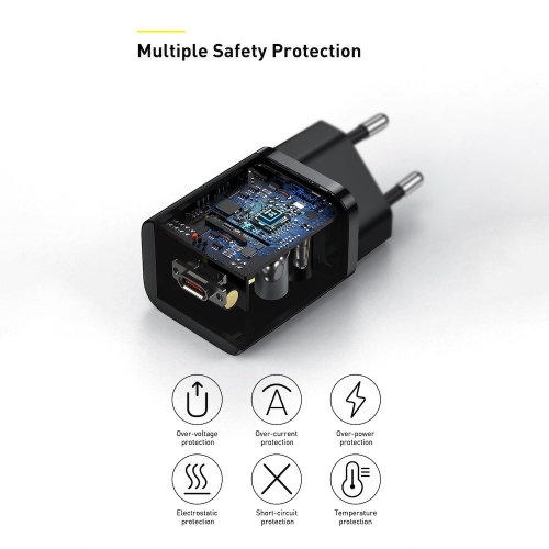 Зарядно BASEUS Super Si, 220V, 25W, 1C, с кабел от USB-C към USB-C, TZCCSUP-L01, Черен
