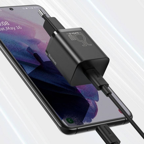 Зарядно BASEUS Super Si, 220V, 25W, 1C, с кабел от USB-C към USB-C, TZCCSUP-L01, Черен