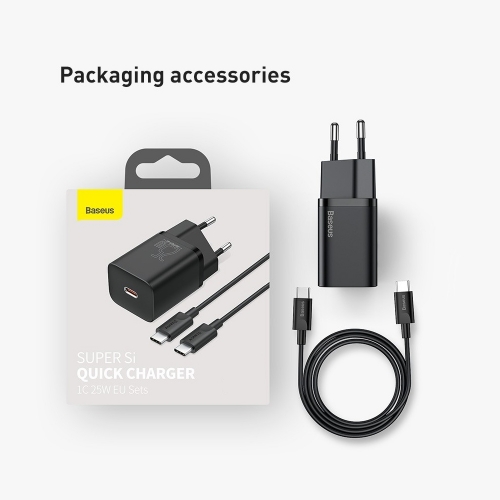 Зарядно BASEUS Super Si, 220V, 25W, 1C, с кабел от USB-C към USB-C, TZCCSUP-L01, Черен