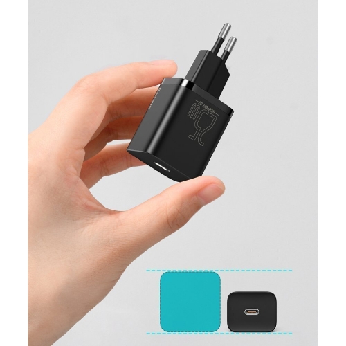 Зарядно BASEUS Super Si, 220V, 25W, 1C, с кабел от USB-C към USB-C, TZCCSUP-L01, Черен