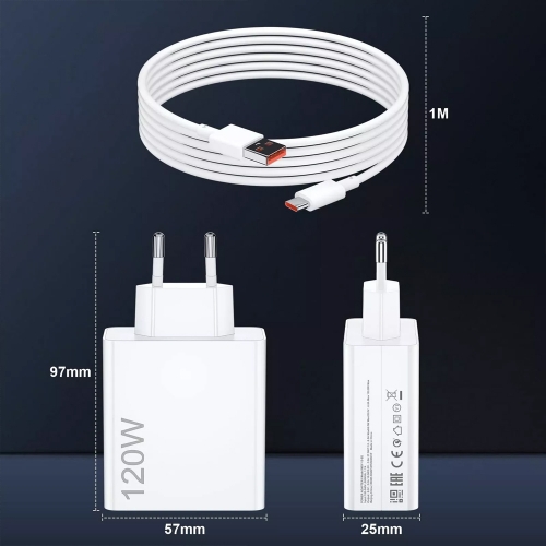 Зарядно Xiaomi MDY-14-EE USB-A 120W Travel Charger, с кабел от USB-A към USB-C 6A, Бял