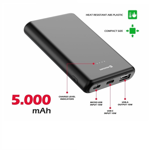 Външна батерия SWISSTEN Power Line 5000 mAh, 10W, Черен