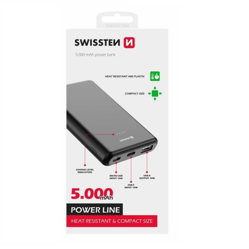 Външна батерия SWISSTEN Power Line 5000 mAh, 10W, Черен