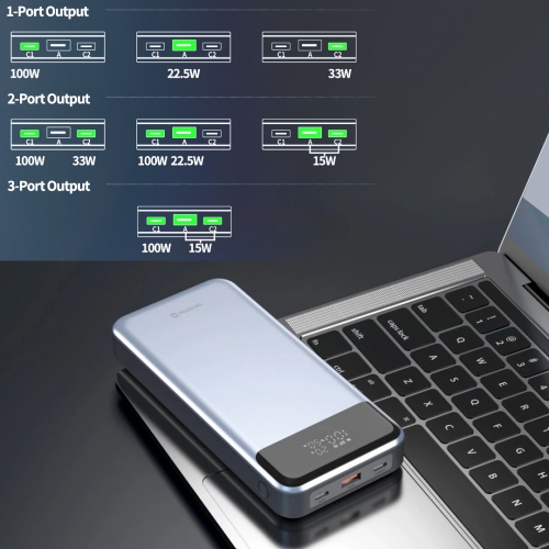 Външна батерия SWISSTEN за лаптоп, 30000 mAh, 133W, PD, Сив