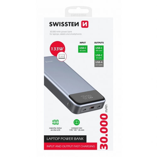 Външна батерия SWISSTEN за лаптоп, 30000 mAh, 133W, PD, Сив