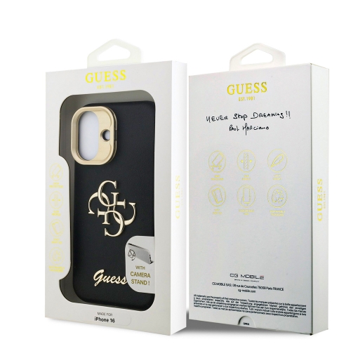 Калъф GUESS за iPhone 16, PU Grained 4G Logo Stand Camera Frame, GUHCP16SPCS4GSK