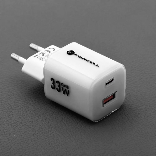Мрежово зарядно Forcell F-ENERGY PD QC4.0 33W  GaN III VT-41, кабел 1 x USB-C, 1x USB-A, Бял