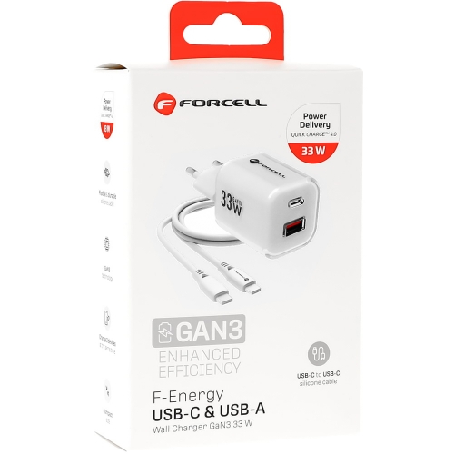 Мрежово зарядно Forcell F-ENERGY PD QC4.0 33W  GaN III VT-41, кабел 1 x USB-C, 1x USB-A, Бял