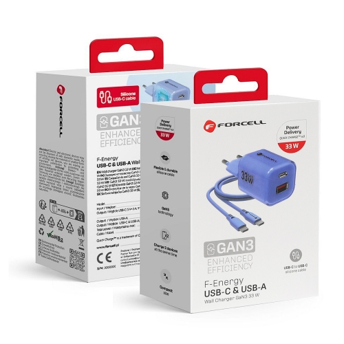 Мрежово зарядно Forcell F-ENERGY PD QC4.0 33W GaN III VT-41, кабел 1 x USB-C, 1x USB-A, Син