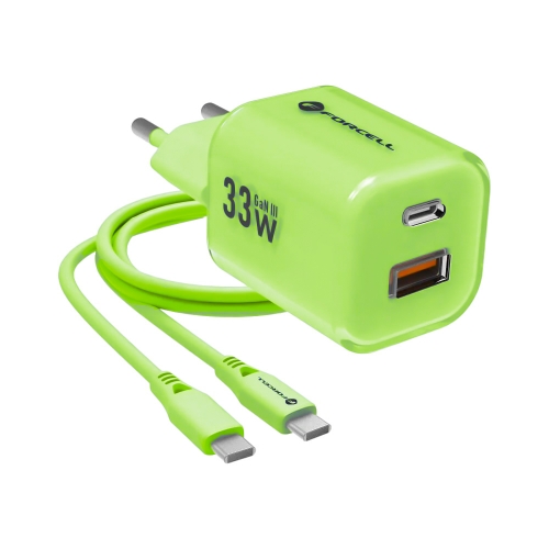 Мрежово зарядно Forcell F-ENERGY PD QC4.0 33W GaN III VT-41, кабел 1 x USB-C, 1x USB-A, Зелен