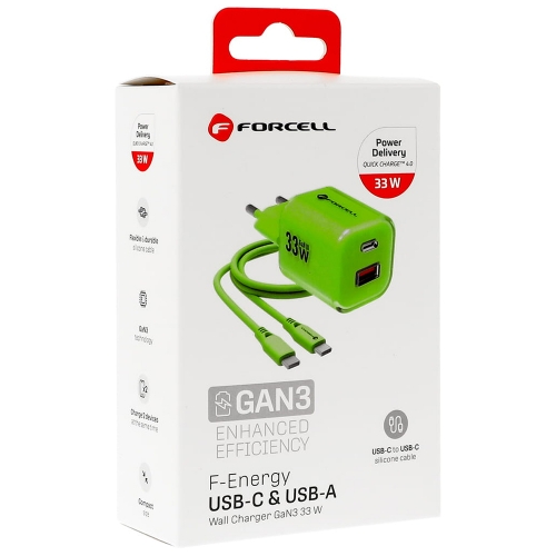 Мрежово зарядно Forcell F-ENERGY PD QC4.0 33W GaN III VT-41, кабел 1 x USB-C, 1x USB-A, Зелен