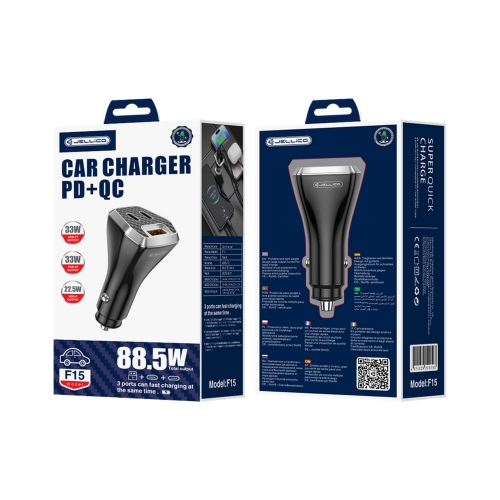Зарядно за кола 12V Jellico F15, PD, 88.5W, 2xUSB-C, 1xUSB, QC3.0, черен