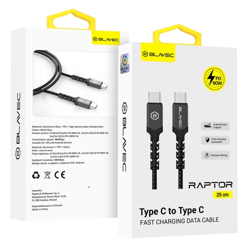 Кабел Blavec USB-C към USB-C, PD, 60W, 3A, 25 см, съвместим с Apple Carplay, Android Auto, черен - сив