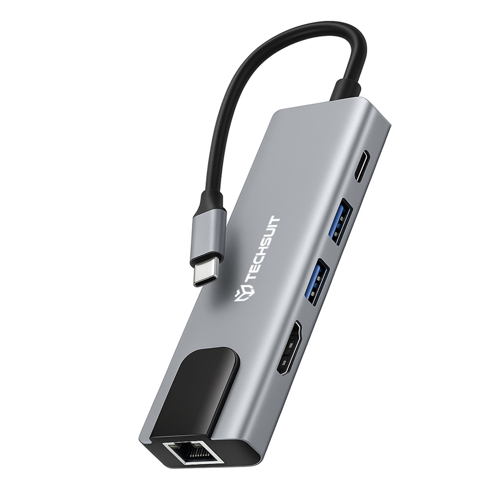 Хъб Techsuit NetBridge H1, Docking Station,5 в 1, Type-C, 1x USB2.0, 1x USB3.0, 1x Type-C, 1x HDMI, 1x RJ45, PD 87W, сив