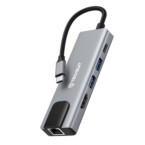 Хъб Techsuit NetBridge H1, Docking Station,5 в 1, Type-C, 1x USB2.0, 1x USB3.0, 1x Type-C, 1x HDMI, 1x RJ45, PD 87W, сив