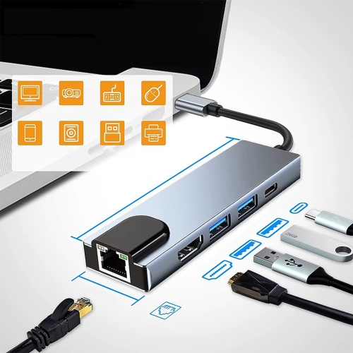 Хъб Techsuit NetBridge H1, Docking Station,5 в 1, Type-C, 1x USB2.0, 1x USB3.0, 1x Type-C, 1x HDMI, 1x RJ45, PD 87W, сив