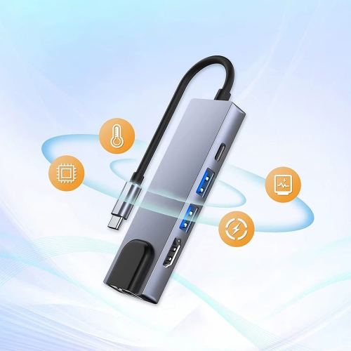 Хъб Techsuit NetBridge H1, Docking Station,5 в 1, Type-C, 1x USB2.0, 1x USB3.0, 1x Type-C, 1x HDMI, 1x RJ45, PD 87W, сив