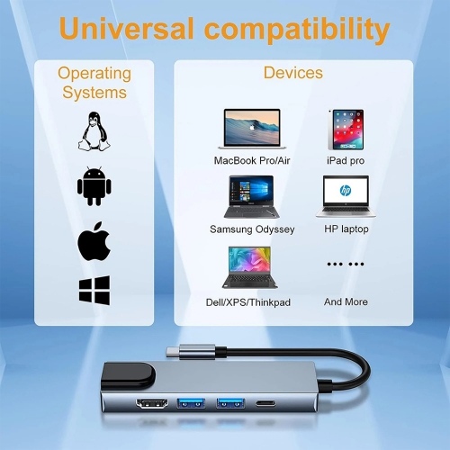 Хъб Techsuit NetBridge H1, Docking Station,5 в 1, Type-C, 1x USB2.0, 1x USB3.0, 1x Type-C, 1x HDMI, 1x RJ45, PD 87W, сив