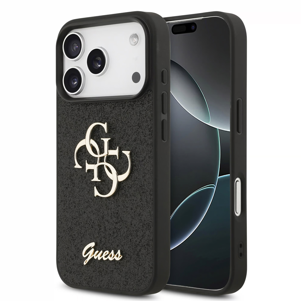 Калъф GUESS, PU Fixed Glitter 4G Metal Logo за iPhone 17 Pro, черен