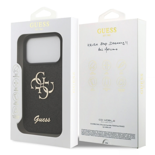 Калъф GUESS, PU Fixed Glitter 4G Metal Logo за iPhone 17 Pro, черен
