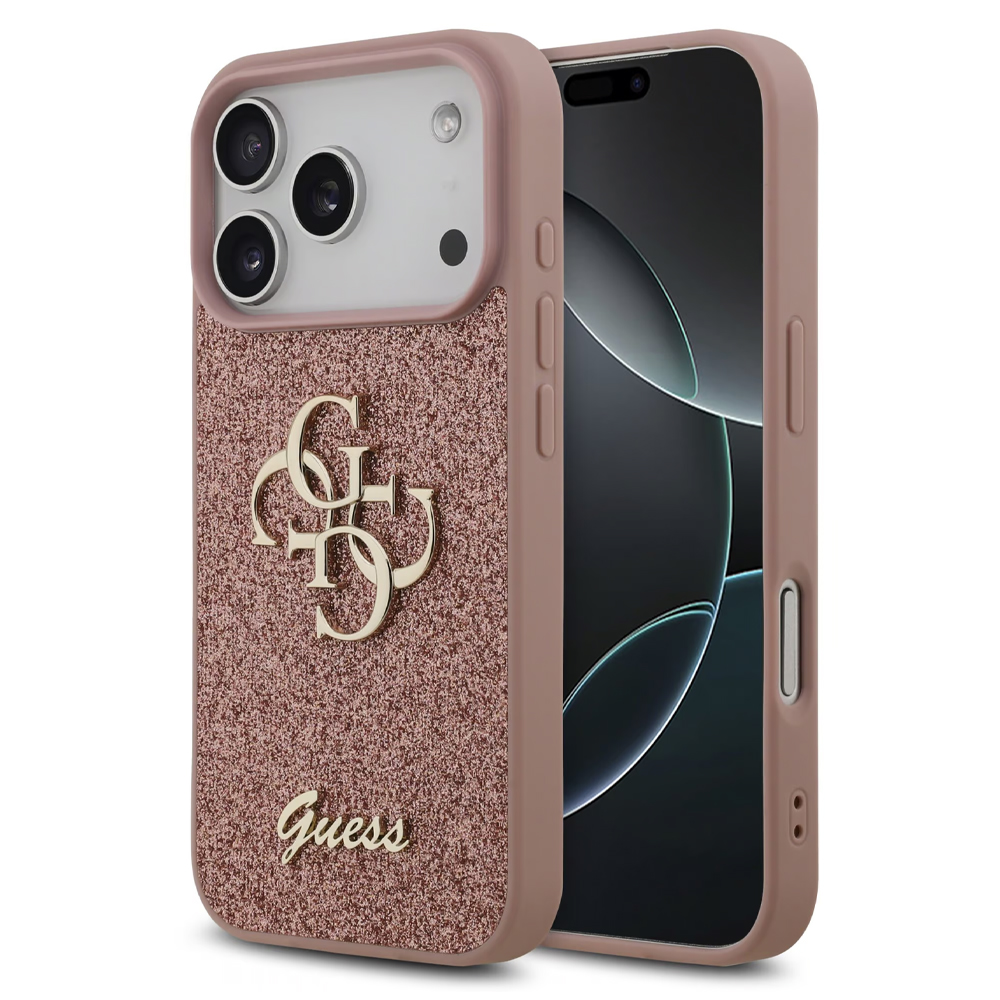 Калъф GUESS, PU Fixed Glitter 4G Metal Logo за iPhone 17 Pro, розов