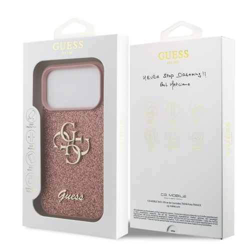 Калъф GUESS, PU Fixed Glitter 4G Metal Logo за iPhone 17 Pro, розов