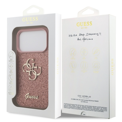 Калъф GUESS, PU Fixed Glitter 4G Metal Logo за iPhone 17 Pro Max, розов