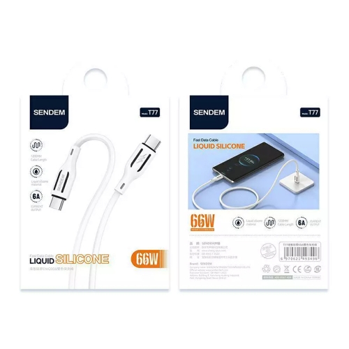 Кабел Sendem T77, USB - C към USB - C, 1.2m, 66W, Бял