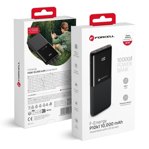 Външна батерия Forcell F-Energy, P10k1, PD, QC3.0, 3A, 20W, 10000 mAh, черен