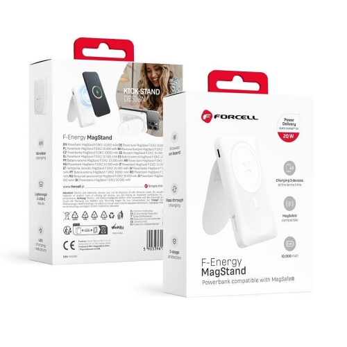 Външна батерия Forcell F-Energy MagStand, F10K2, QC3.0, PD, 5A, 20W, 10000 mAh, бял