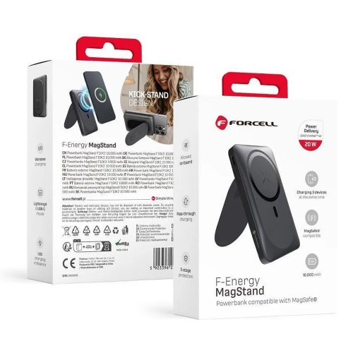 Външна батерия Forcell F-Energy MagStand, F10K2, QC3.0, PD, 5A, 20W, 10000 mAh, черен