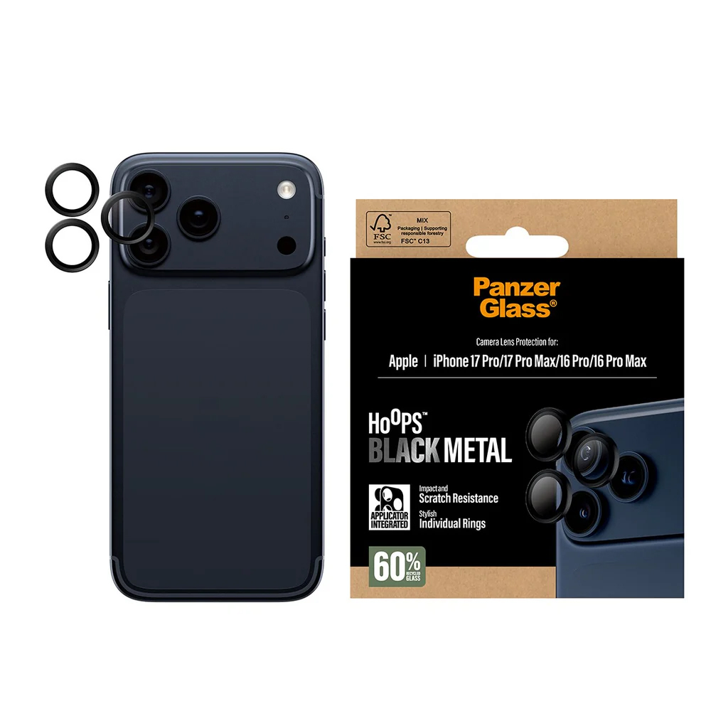 Стъклен Протектор за камера PanzerGlass Hoops Lens Protector за iPhone 17 Pro/ 17 Pro Max/ 16 Pro / 16 Pro Max, черен