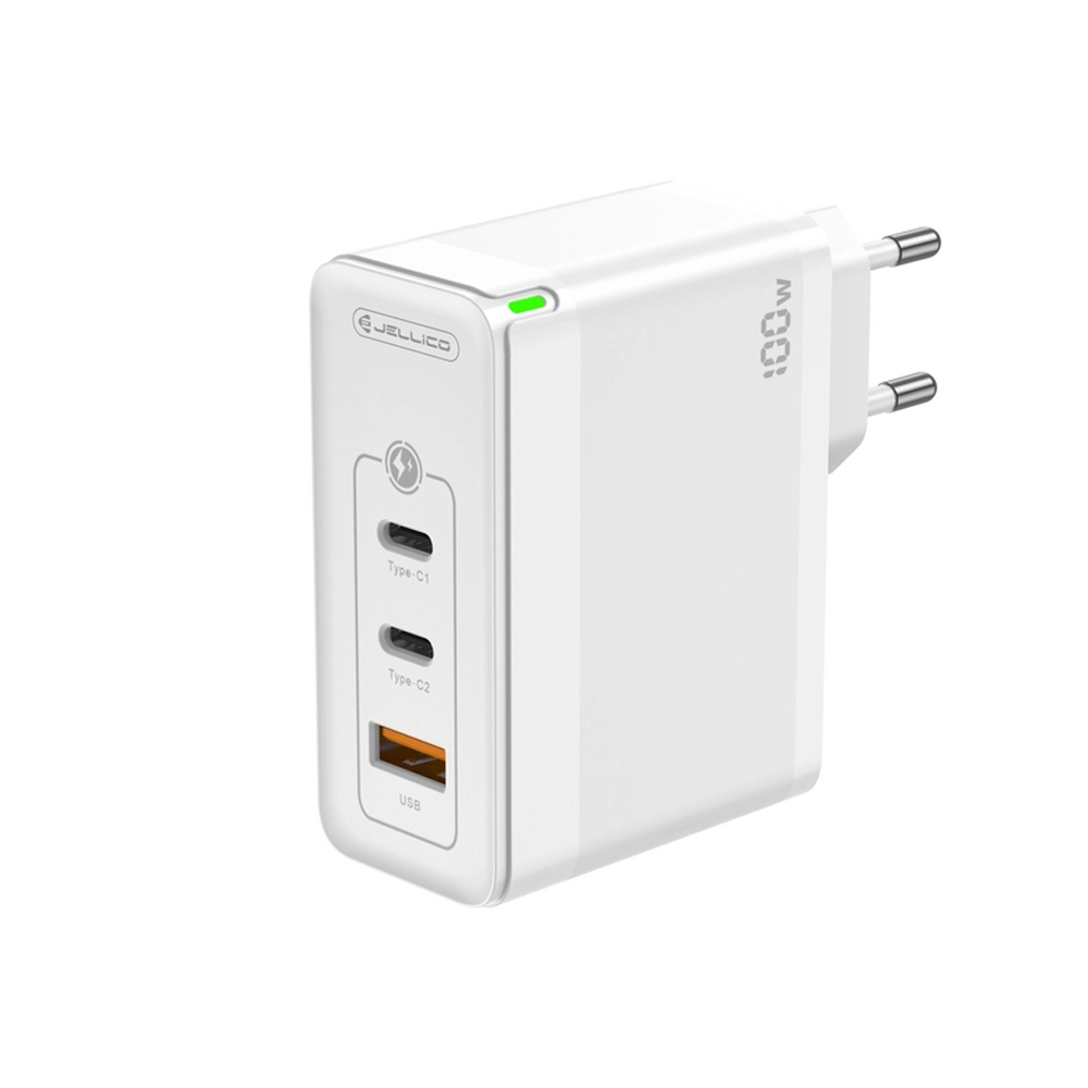 Зарядно Jellico C118 220V GaN 100W PD 2xUSB-C, бял